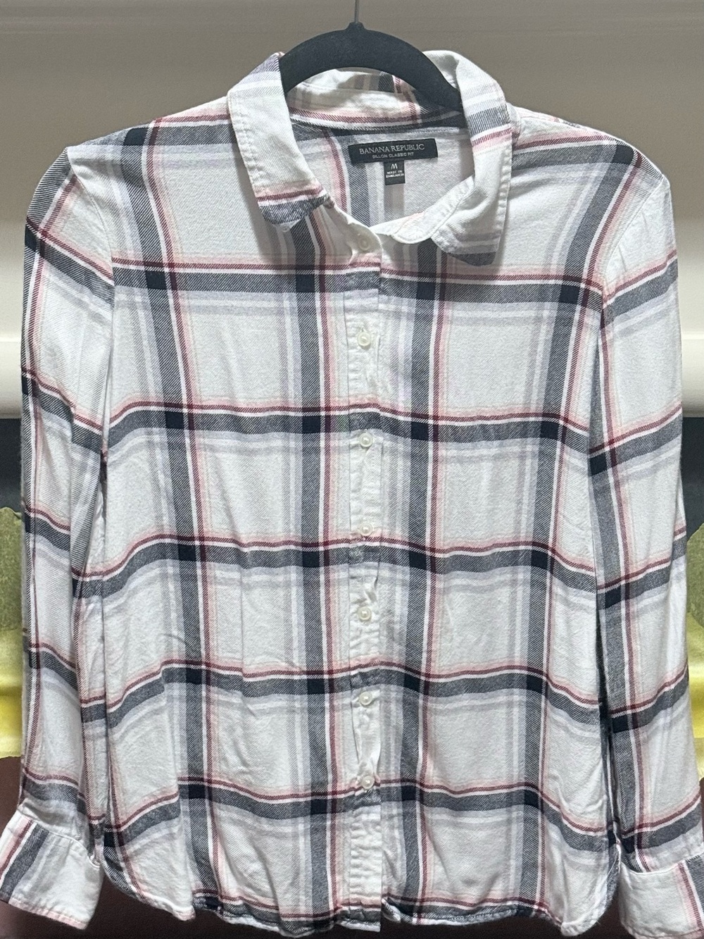 Banana Republic White Plaid Button-Down with Navy and Red Stripes